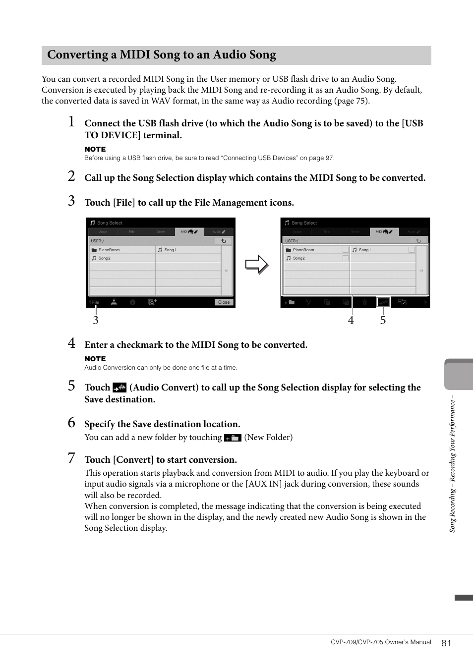 Converting a midi song to an audio song, Converting a midi song to an audio song 3 5 4 | Yamaha CVP-705B User Manual | Page 81 / 128