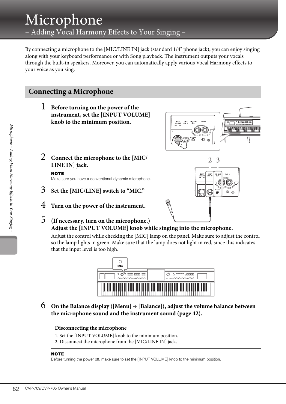 Connecting a microphone, Microphone, Adding vocal harmony effects to your singing | Yamaha CVP-705B User Manual | Page 82 / 128