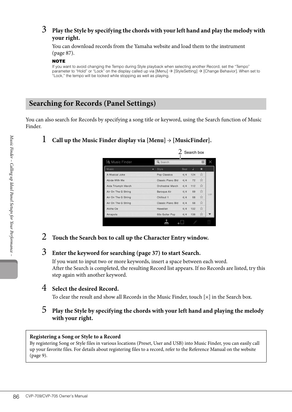 Searching for records (panel settings) | Yamaha CVP-705B User Manual | Page 86 / 128