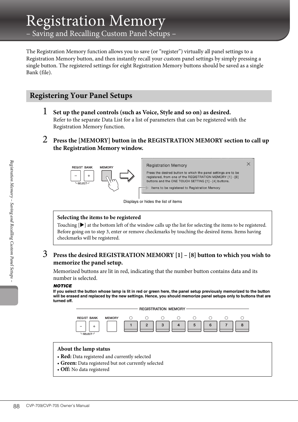 Registering your panel setups, Saving and recalling custom panel setups | Yamaha CVP-705B User Manual | Page 88 / 128