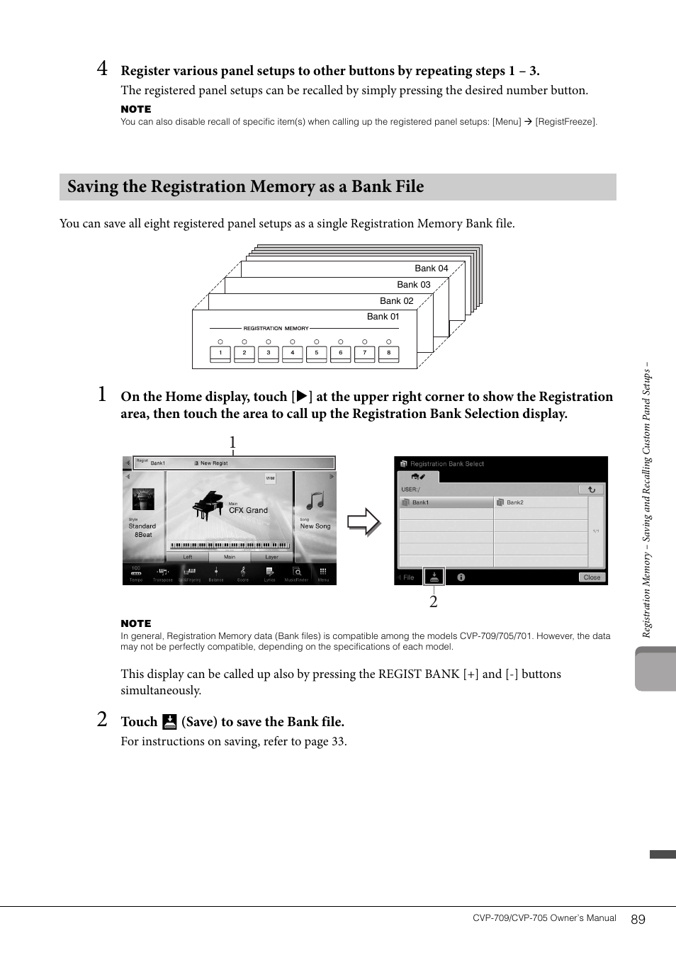 Saving the registration memory as a bank file, Touch (save) to save the bank file | Yamaha CVP-705B User Manual | Page 89 / 128