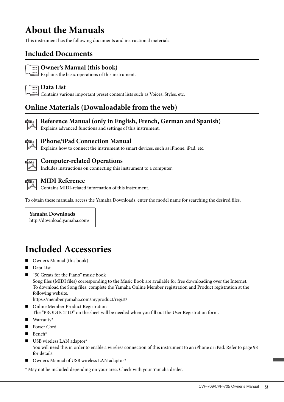 About the manuals, Included accessories, Included documents | Online materials (downloadable from the web) | Yamaha CVP-705B User Manual | Page 9 / 128