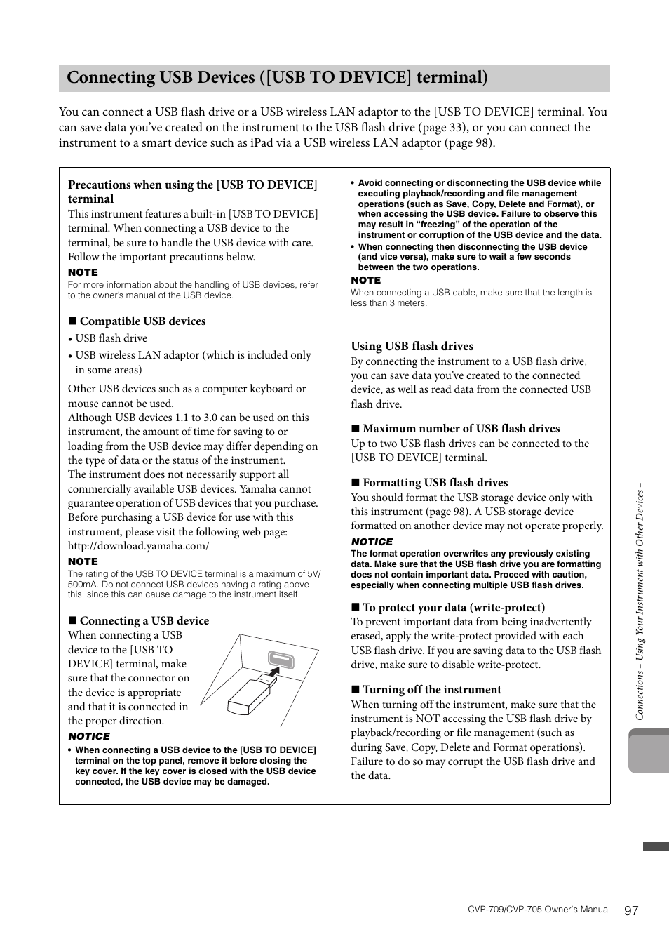 Connecting usb devices ([usb to device] terminal) | Yamaha CVP-705B User Manual | Page 97 / 128