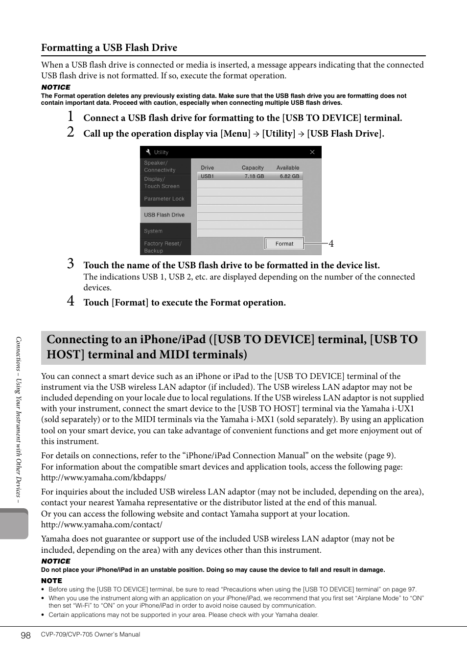 Formatting a usb flash drive | Yamaha CVP-705B User Manual | Page 98 / 128