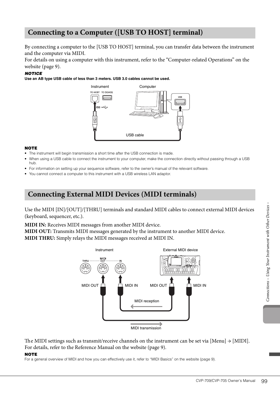 Connecting to a computer ([usb to host] terminal), Connecting external midi devices (midi terminals) | Yamaha CVP-705B User Manual | Page 99 / 128