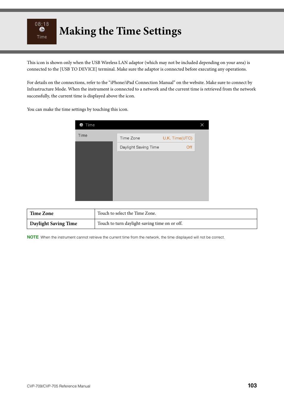 Making the time settings | Yamaha CVP-705B User Manual | Page 103 / 117