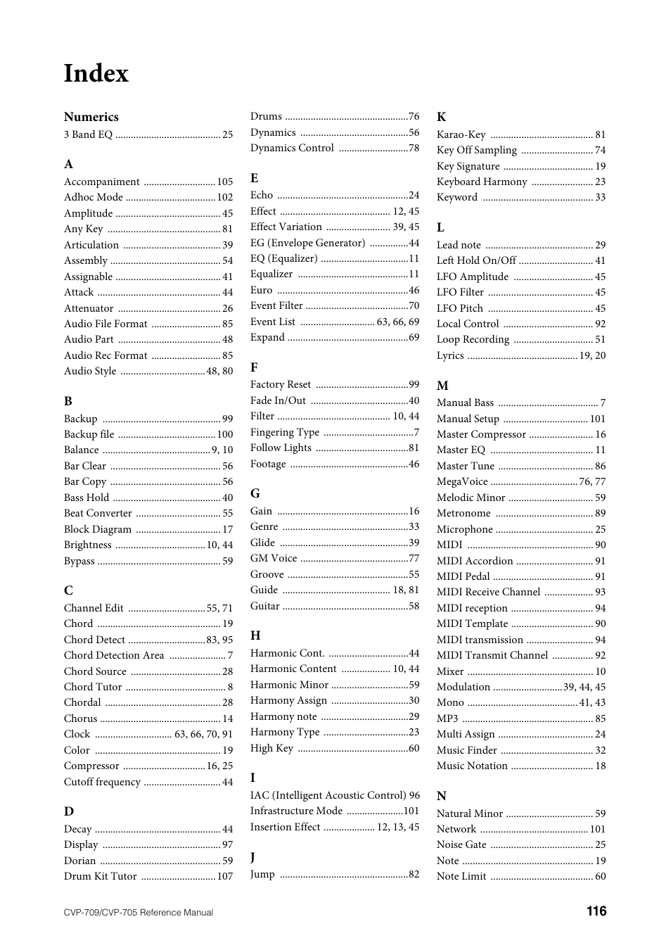 Index | Yamaha CVP-705B User Manual | Page 116 / 117