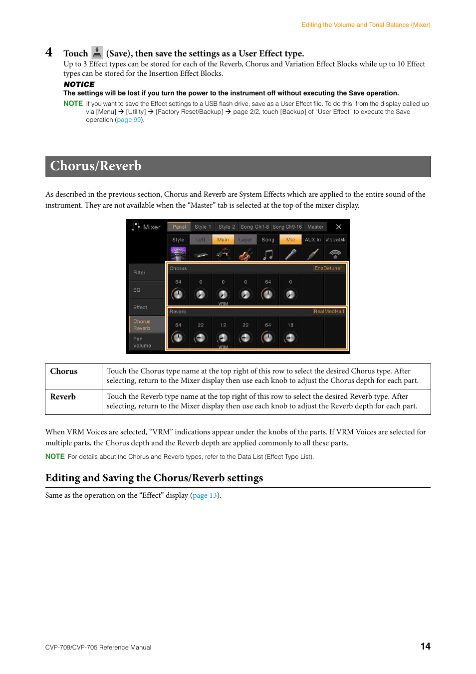 Chorus/reverb, Editing and saving the chorus/reverb settings | Yamaha CVP-705B User Manual | Page 14 / 117