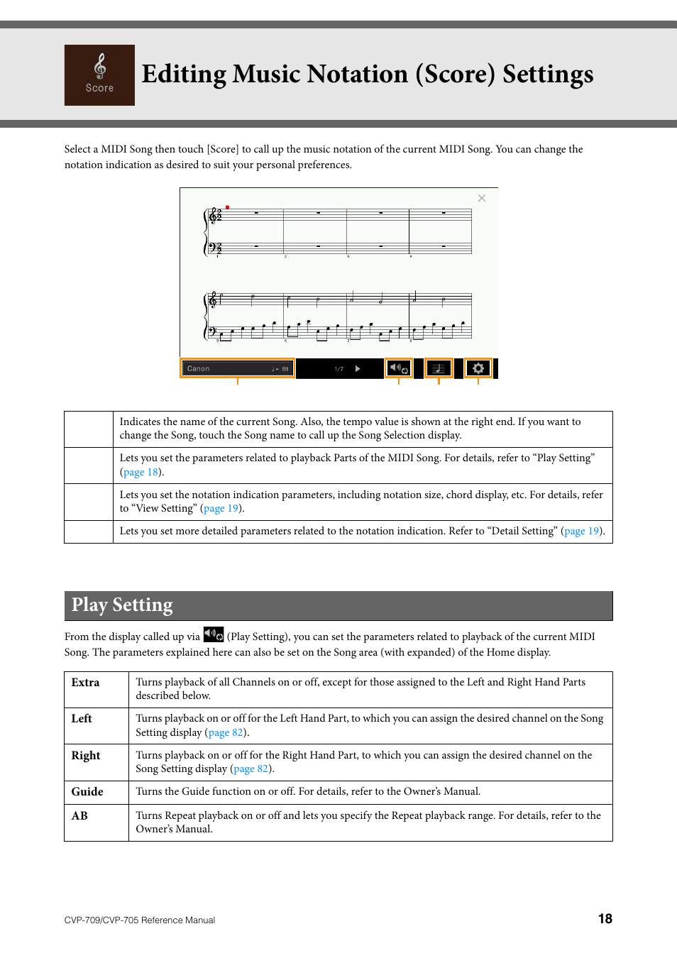 Editing music notation (score) settings, Play setting | Yamaha CVP-705B User Manual | Page 18 / 117