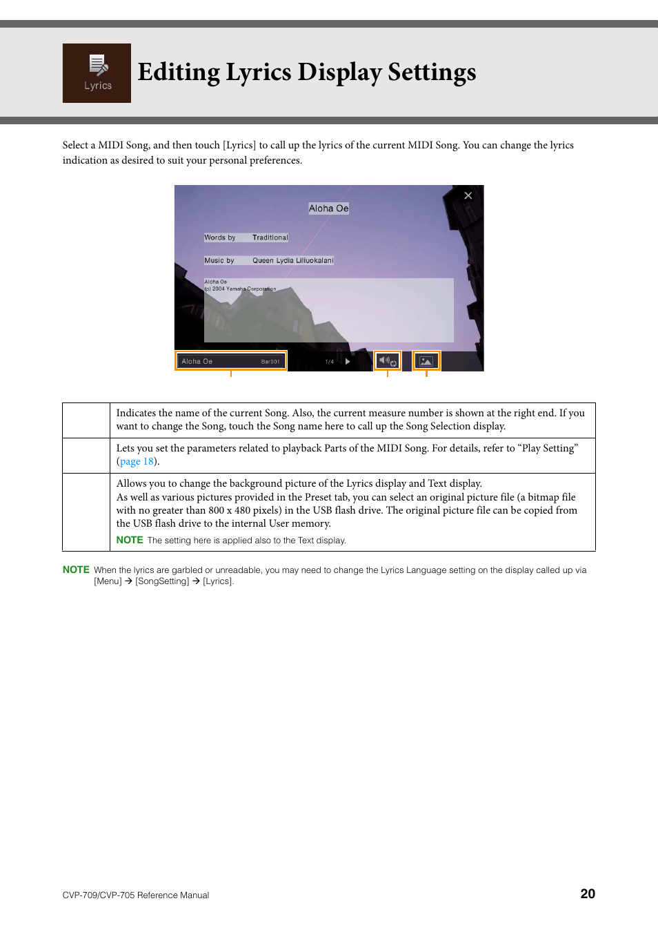 Editing lyrics display settings | Yamaha CVP-705B User Manual | Page 20 / 117
