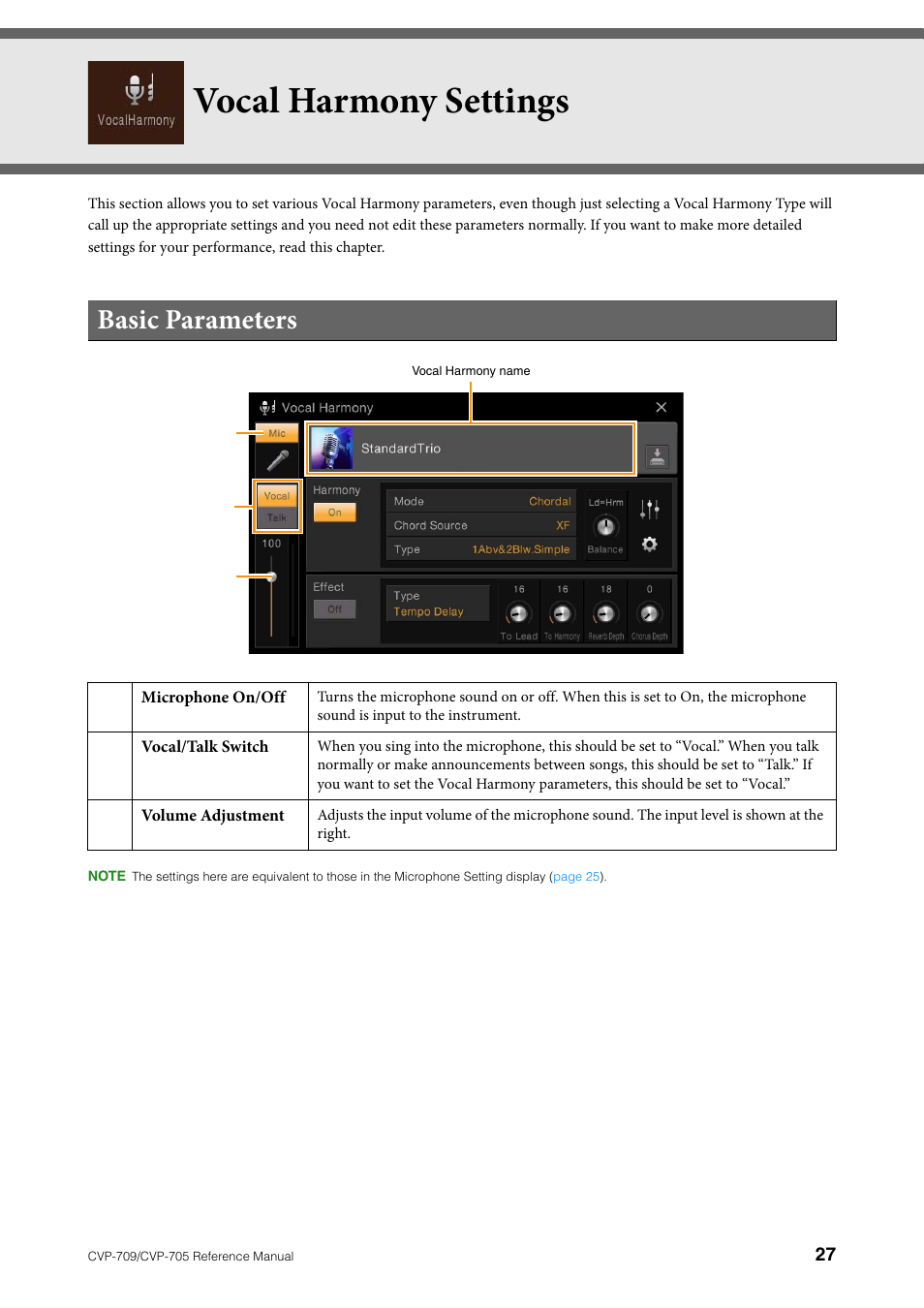 Vocal harmony settings, Basic parameters | Yamaha CVP-705B User Manual | Page 27 / 117