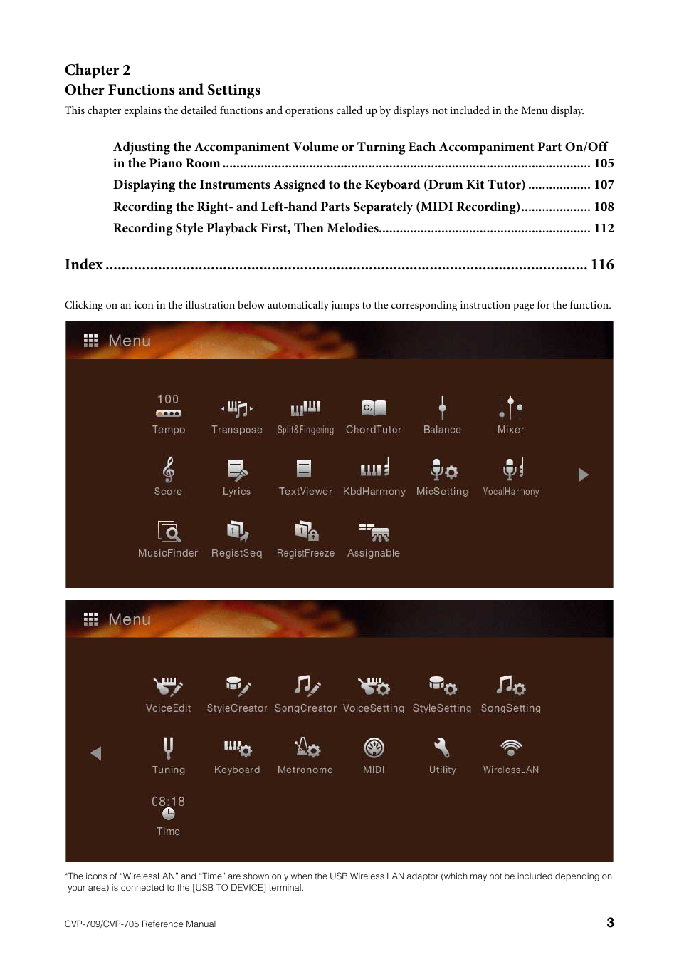 Chapter 2 other functions and settings, Index | Yamaha CVP-705B User Manual | Page 3 / 117