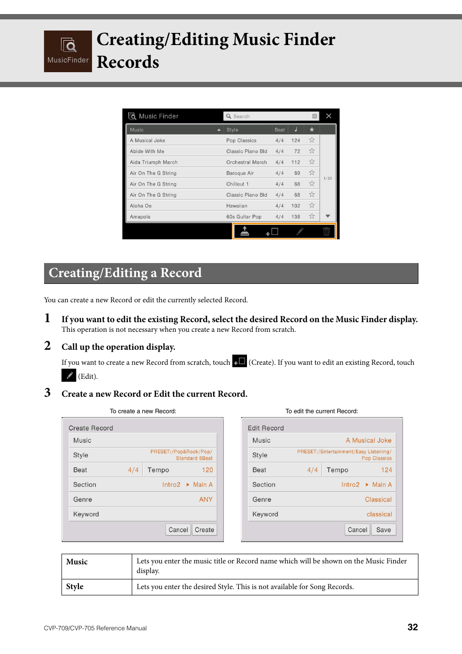 Creating/editing music finder records, Creating/editing a record | Yamaha CVP-705B User Manual | Page 32 / 117