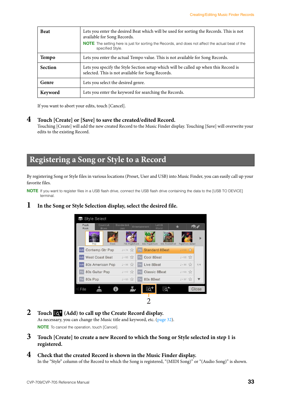 Registering a song or style to a record, Registering a song or style to a record 2 | Yamaha CVP-705B User Manual | Page 33 / 117