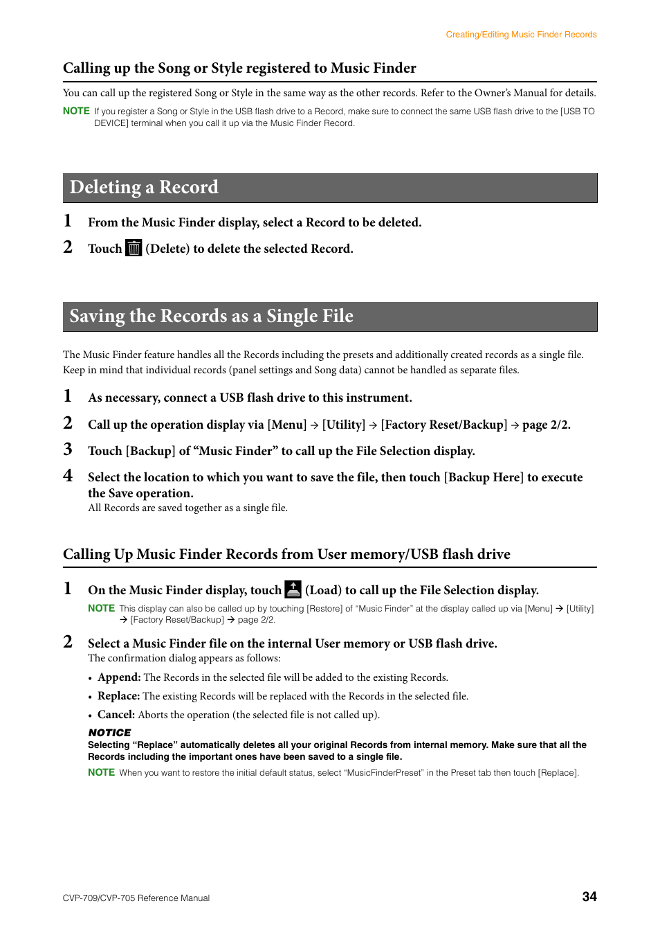 Deleting a record, Saving the records as a single file | Yamaha CVP-705B User Manual | Page 34 / 117