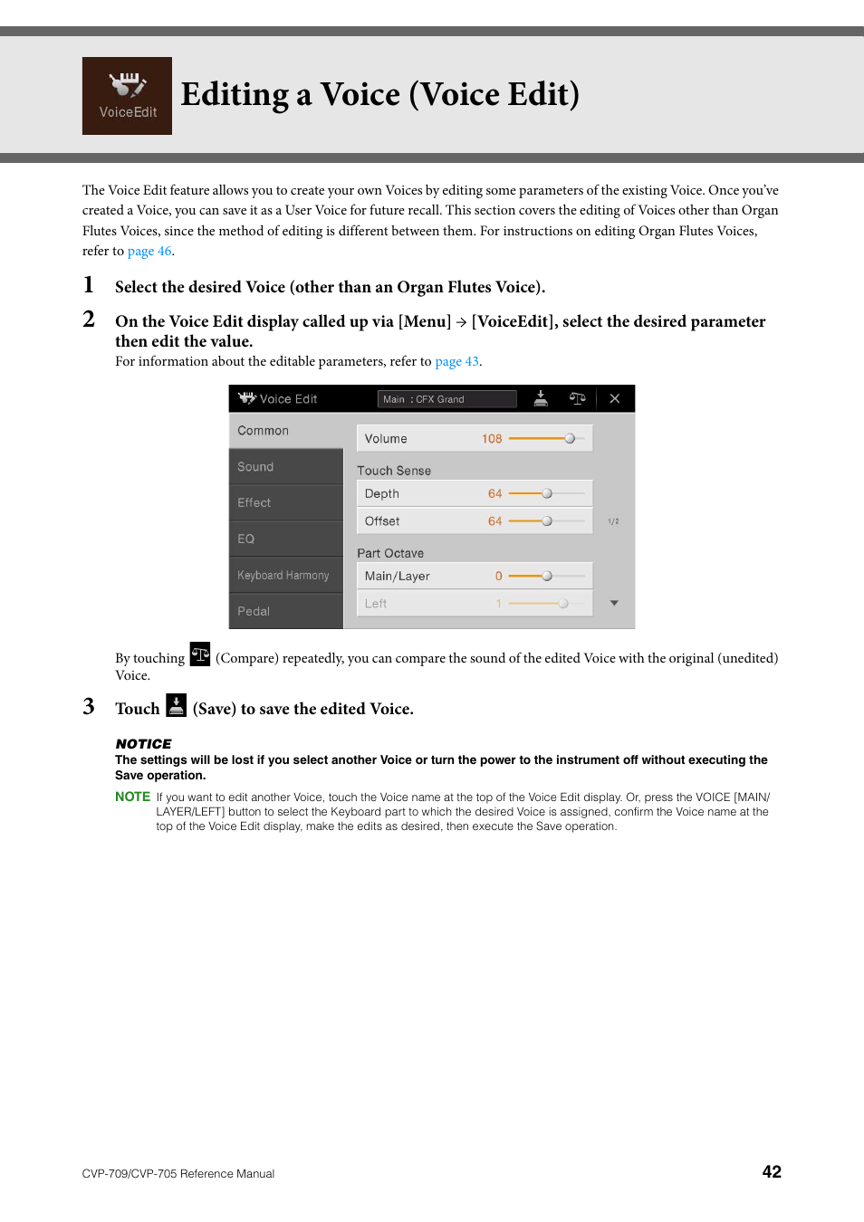 Editing a voice (voice edit) | Yamaha CVP-705B User Manual | Page 42 / 117