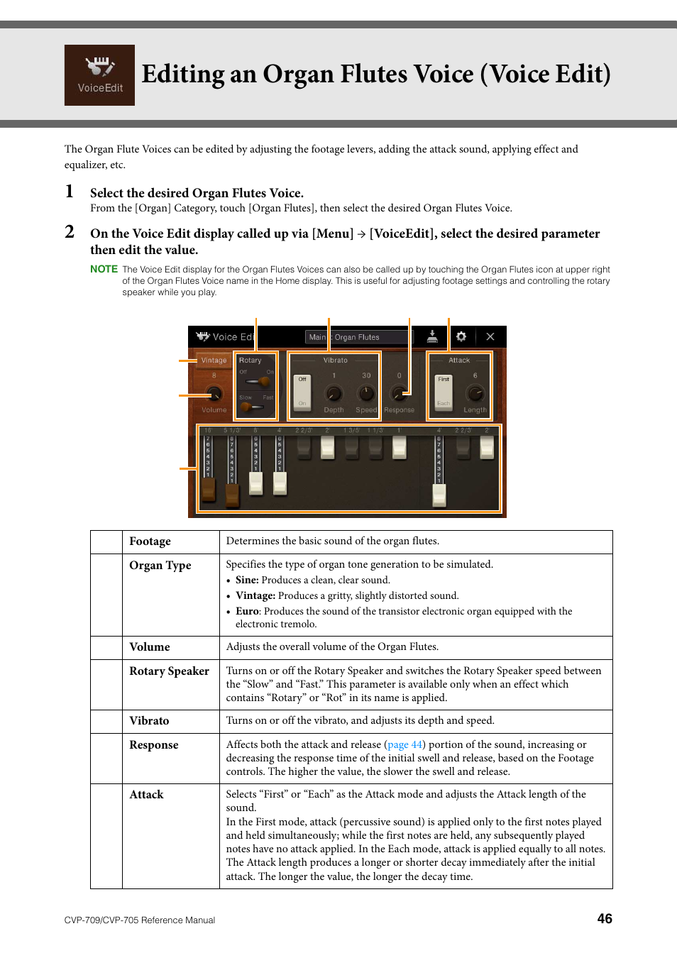 Editing an organ flutes voice (voice edit) | Yamaha CVP-705B User Manual | Page 46 / 117