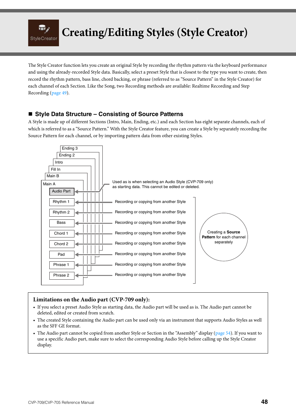 Creating/editing styles (style creator), Limitations on the audio part (cvp-709 only) | Yamaha CVP-705B User Manual | Page 48 / 117