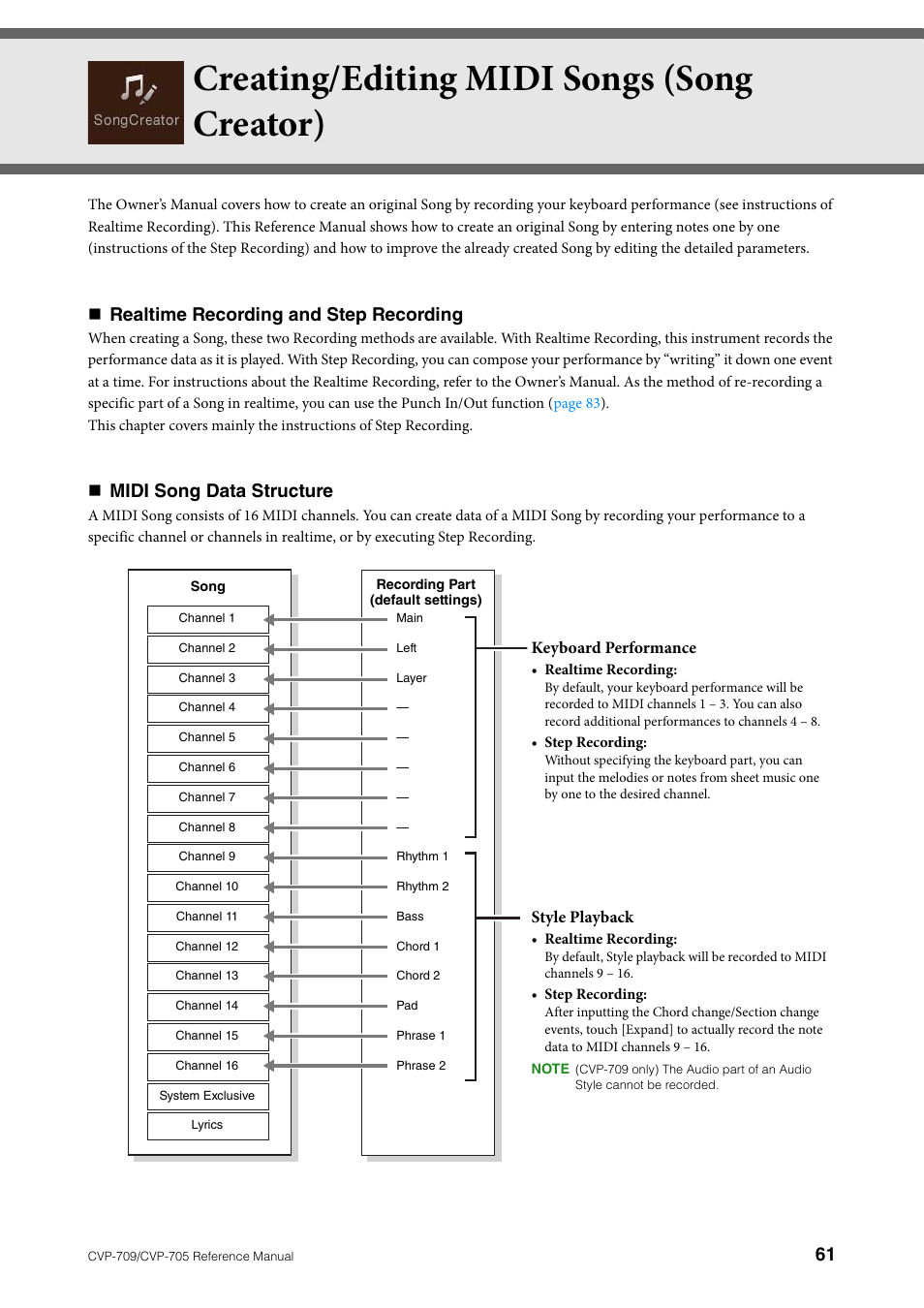 Creating/editing midi songs (song creator), Realtime recording and step recording, Midi song data structure | Yamaha CVP-705B User Manual | Page 61 / 117