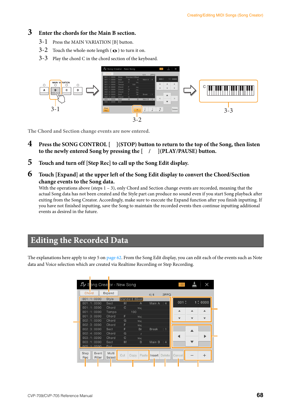 Editing the recorded data | Yamaha CVP-705B User Manual | Page 68 / 117