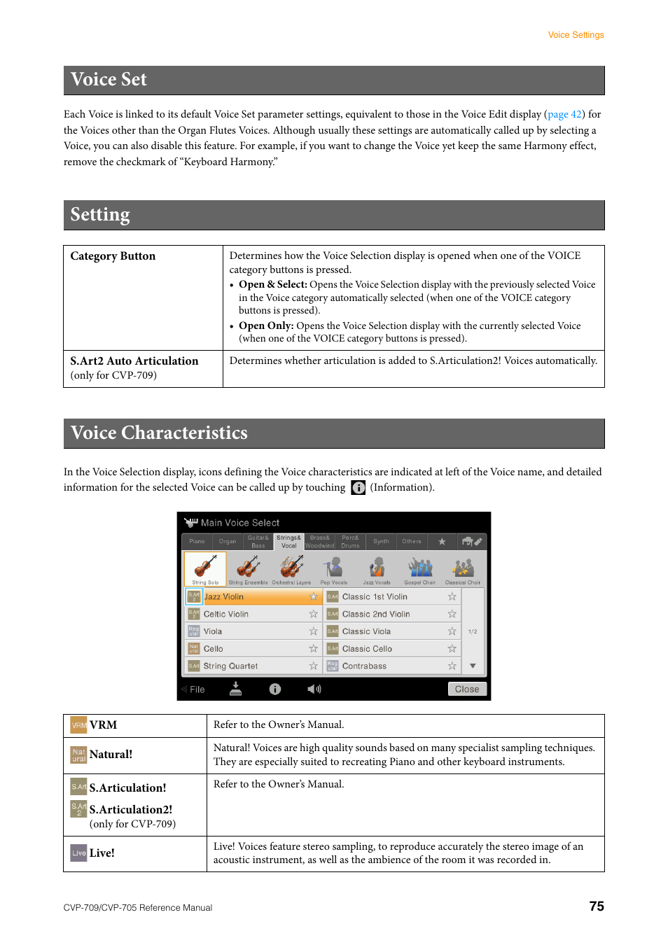 Voice set, Setting, Voice characteristics | Voice set setting | Yamaha CVP-705B User Manual | Page 75 / 117