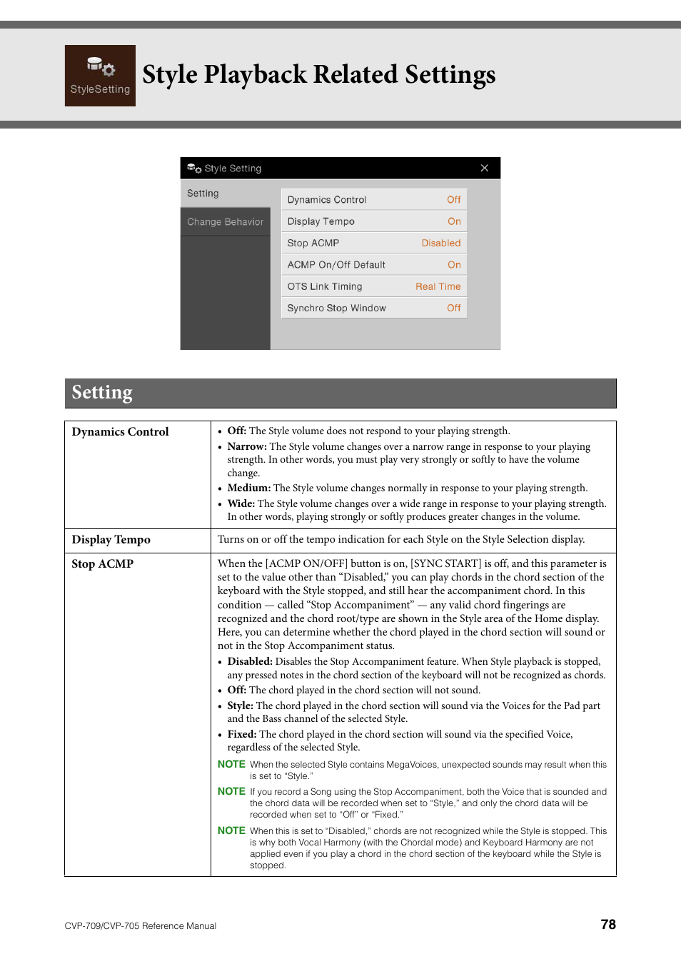 Style playback related settings, Setting | Yamaha CVP-705B User Manual | Page 78 / 117