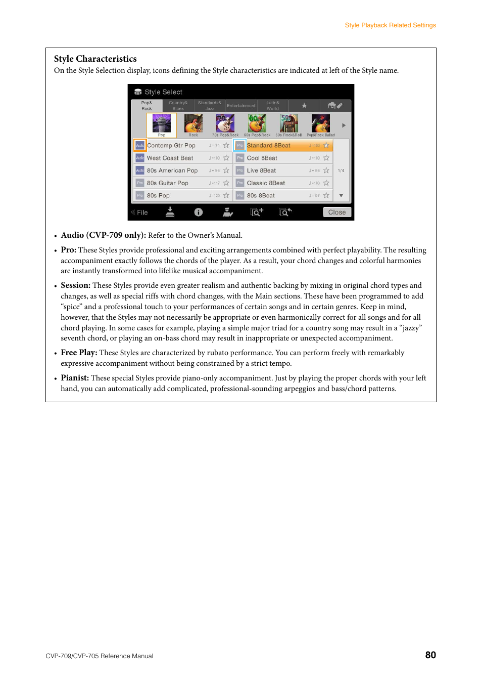 80 style characteristics | Yamaha CVP-705B User Manual | Page 80 / 117