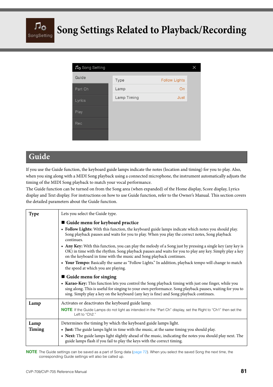 Song settings related to playback/recording, Guide | Yamaha CVP-705B User Manual | Page 81 / 117