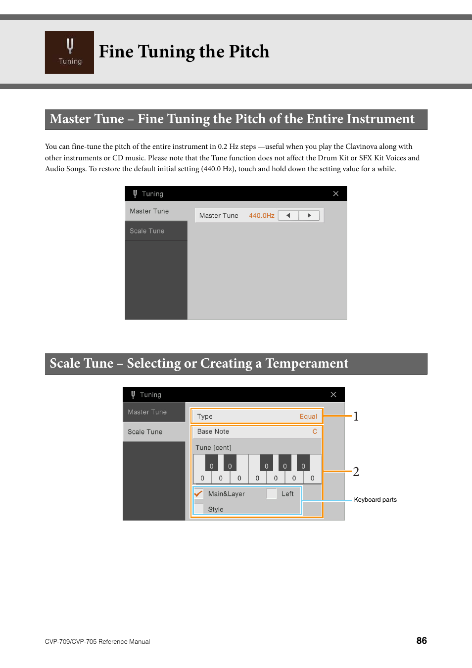 Fine tuning the pitch, Scale tune – selecting or creating a temperament | Yamaha CVP-705B User Manual | Page 86 / 117