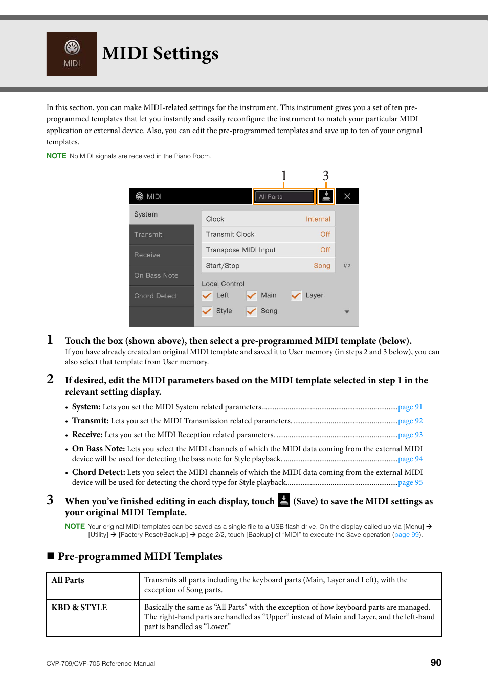 Midi settings, Pre-programmed midi templates | Yamaha CVP-705B User Manual | Page 90 / 117