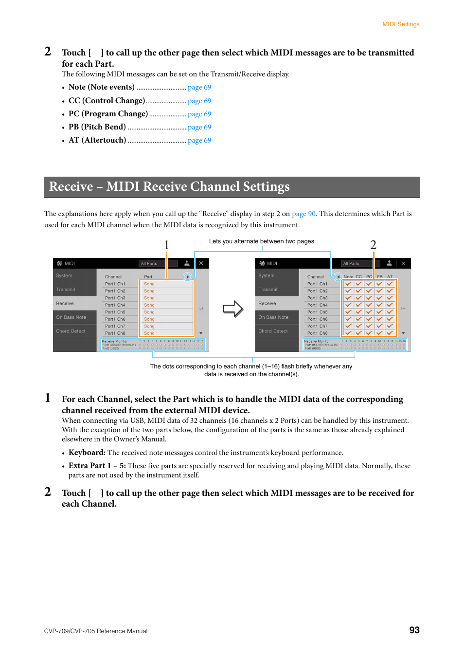 Receive – midi receive channel settings, Receive – midi receive channel settings 1 2 | Yamaha CVP-705B User Manual | Page 93 / 117