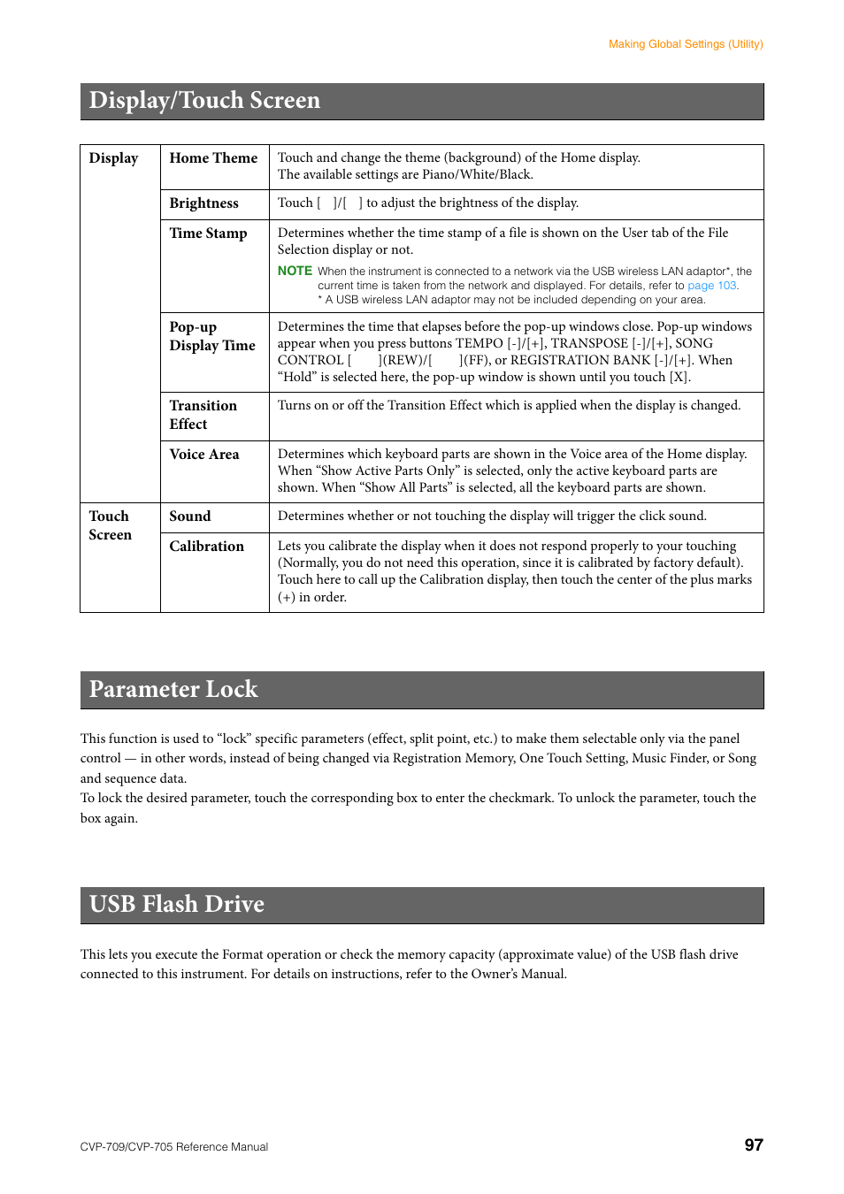 Display/touch screen, Parameter lock, Usb flash drive | Parameter lock usb flash drive | Yamaha CVP-705B User Manual | Page 97 / 117