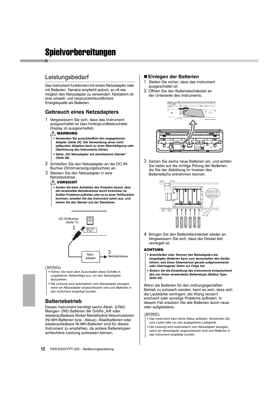 Spielvorbereitungen, Leistungsbedarf, Seite 12 | Gebrauch eines netzadapters, Batteriebetrieb, Einlegen der batterien | Yamaha PSR-E253 User Manual | Page 12 / 48