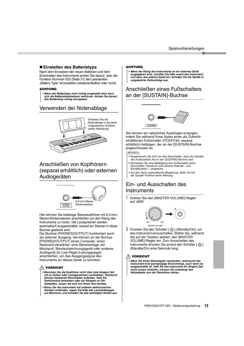 Verwenden der notenablage, Ein- und ausschalten des instruments, Oder externen audiogeräten | Anschließen eines fußschalters, An der [sustain]-buchse, Seite 13, Einstellen des batterietyps, Spielvorbereitungen | Yamaha PSR-E253 User Manual | Page 13 / 48
