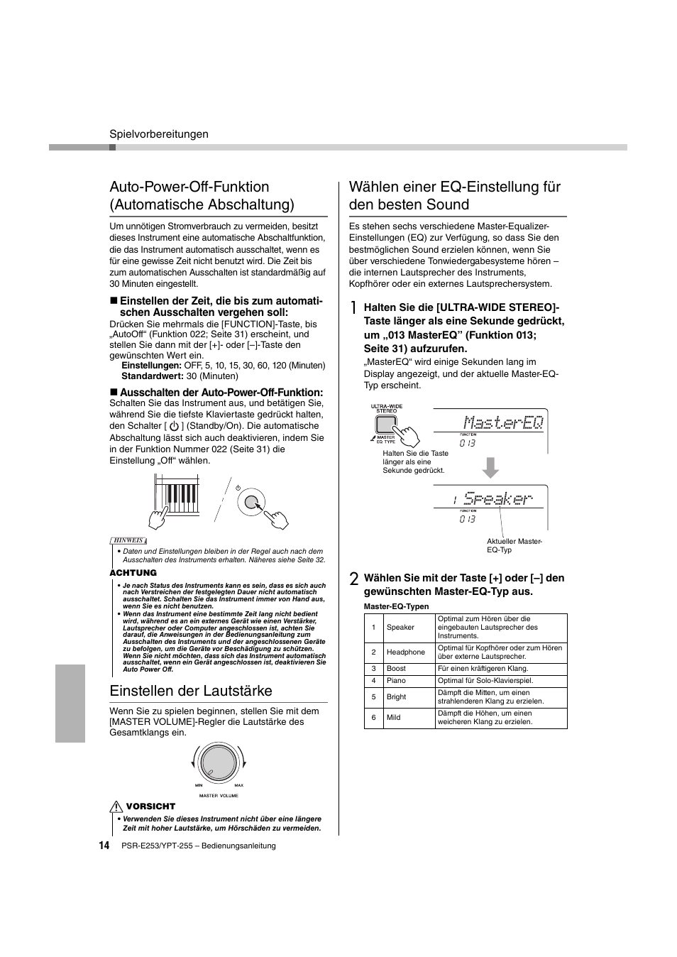 Auto-power-off-funktion (automatische abschaltung), Einstellen der lautstärke, Wählen einer eq-einstellung für den besten sound | Auto-power-off-funktion, Automatische abschaltung), Für den besten sound, Seite 14, Mastereq speaker | Yamaha PSR-E253 User Manual | Page 14 / 48