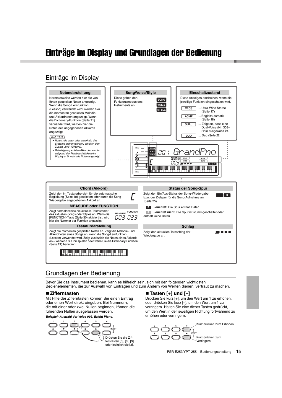 Einträge im display und grundlagen der bedienung, Einträge im display, Grundlagen der bedienung | Einträge im display und grundlagen, Einträge im display grundlagen der bedienung, Seite 15, Grandpno, Zifferntasten, Tasten [+] und | Yamaha PSR-E253 User Manual | Page 15 / 48