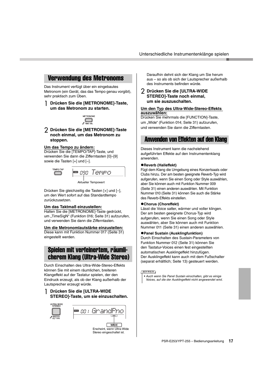 Verwendung des metronoms, Anwenden von effekten auf den klang, Klang (ultra-wide stereo) | Seite 17, Seite 17), Tempo, Grandpno | Yamaha PSR-E253 User Manual | Page 17 / 48