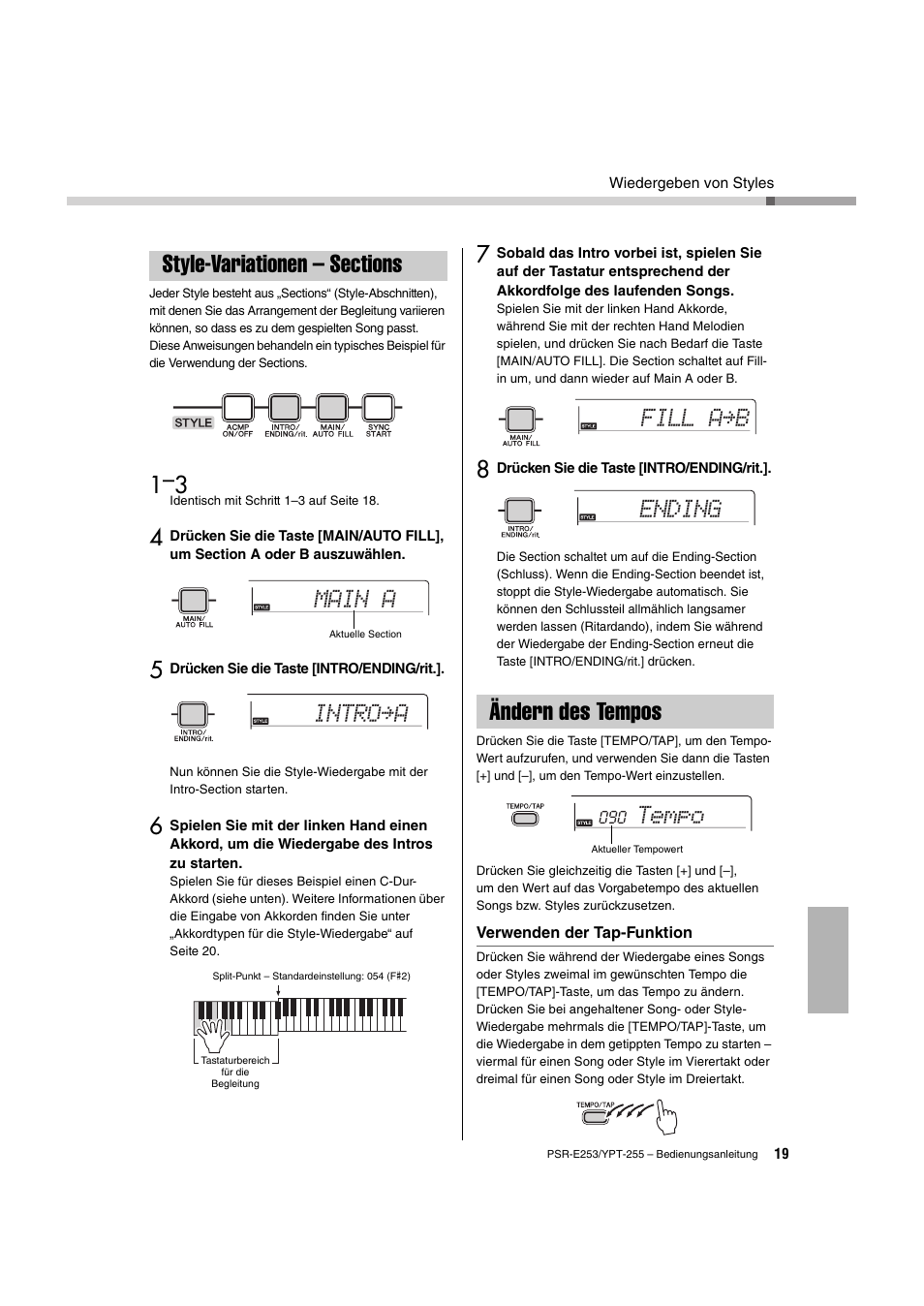 Style-variationen – sections, Ändern des tempos, Style-variationen – sections ändern des tempos | Seite 19, F seite 19, Main a, Intro≥a, Fill a≥b ending tempo | Yamaha PSR-E253 User Manual | Page 19 / 48