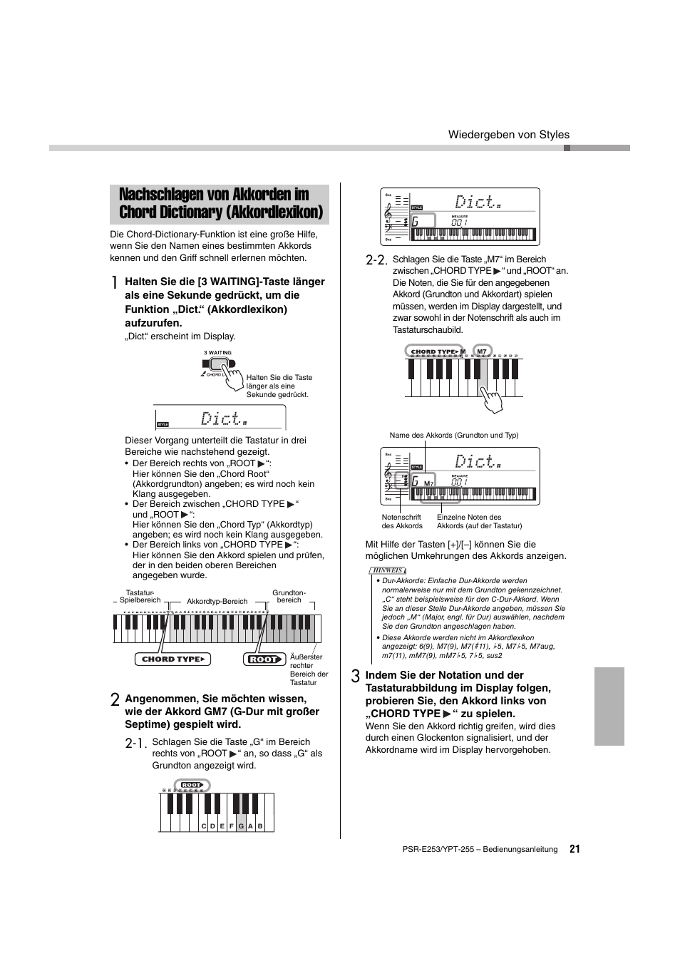 Nachschlagen von akkorden im chord, Dictionary (akkordlexikon), Seite 21 | Seite 21), Enden (seite 21), Dict | Yamaha PSR-E253 User Manual | Page 21 / 48