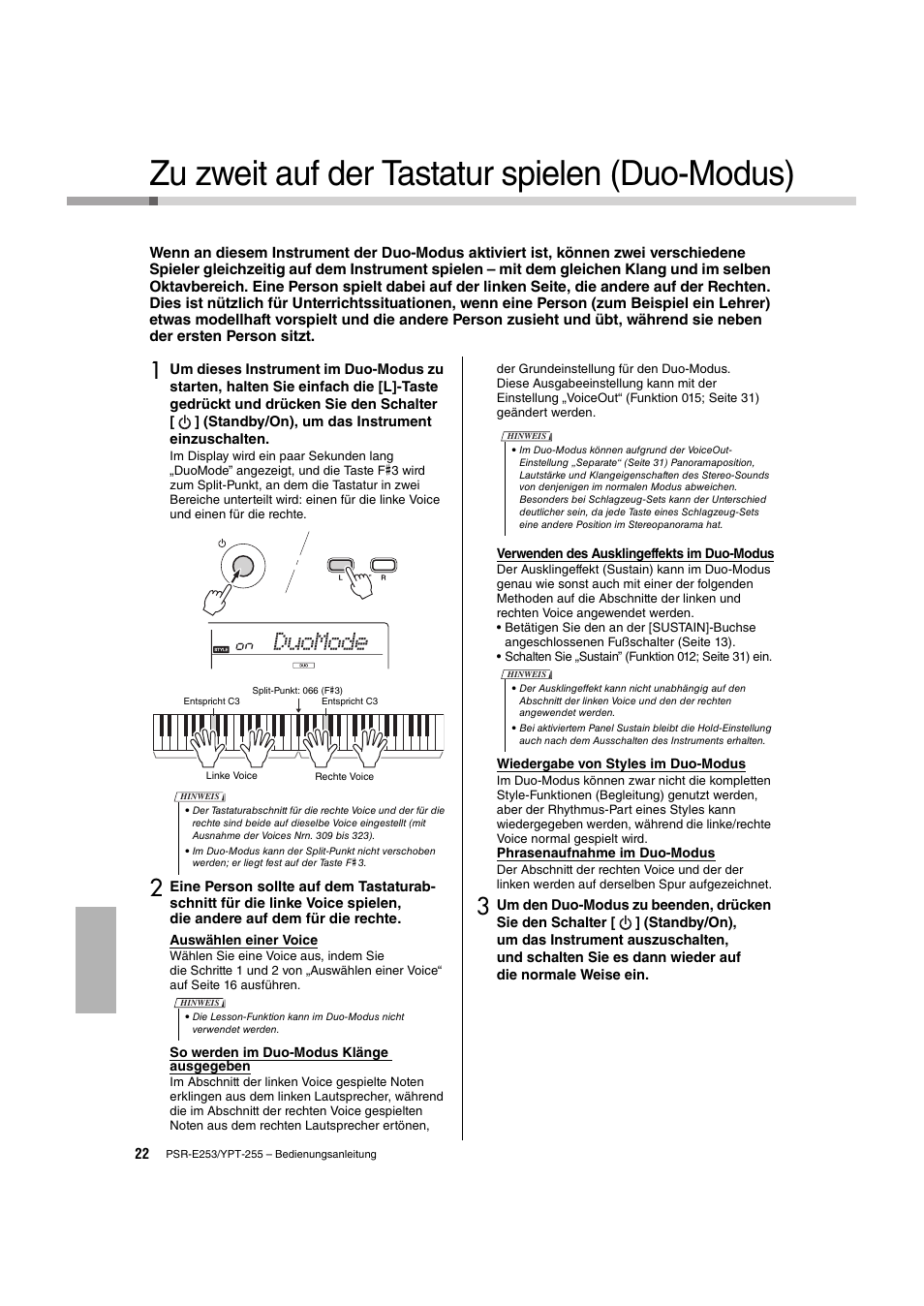 Zu zweit auf der tastatur spielen (duo-modus), O (seite 22), Duomode | Yamaha PSR-E253 User Manual | Page 22 / 48