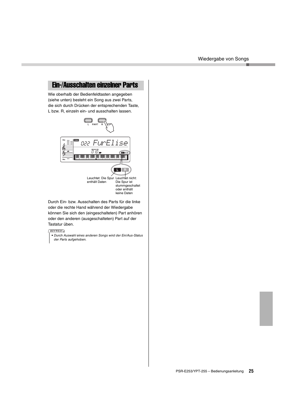 Ein-/ausschalten einzelner parts, Seite 25), Furelise | Yamaha PSR-E253 User Manual | Page 25 / 48