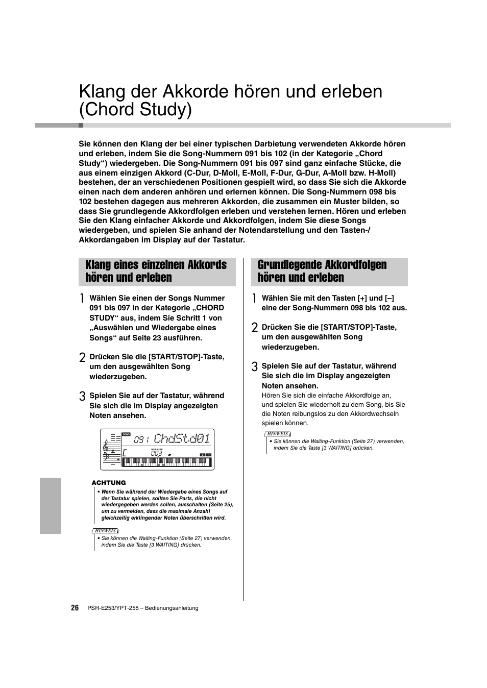 Klang der akkorde hören und erleben (chord study), Klang eines einzelnen akkords hören und erleben, Grundlegende akkordfolgen hören und erleben | Klang der akkorde hören, Klang eines einzelnen akkords, Hören und erleben, Chdstd01 | Yamaha PSR-E253 User Manual | Page 26 / 48