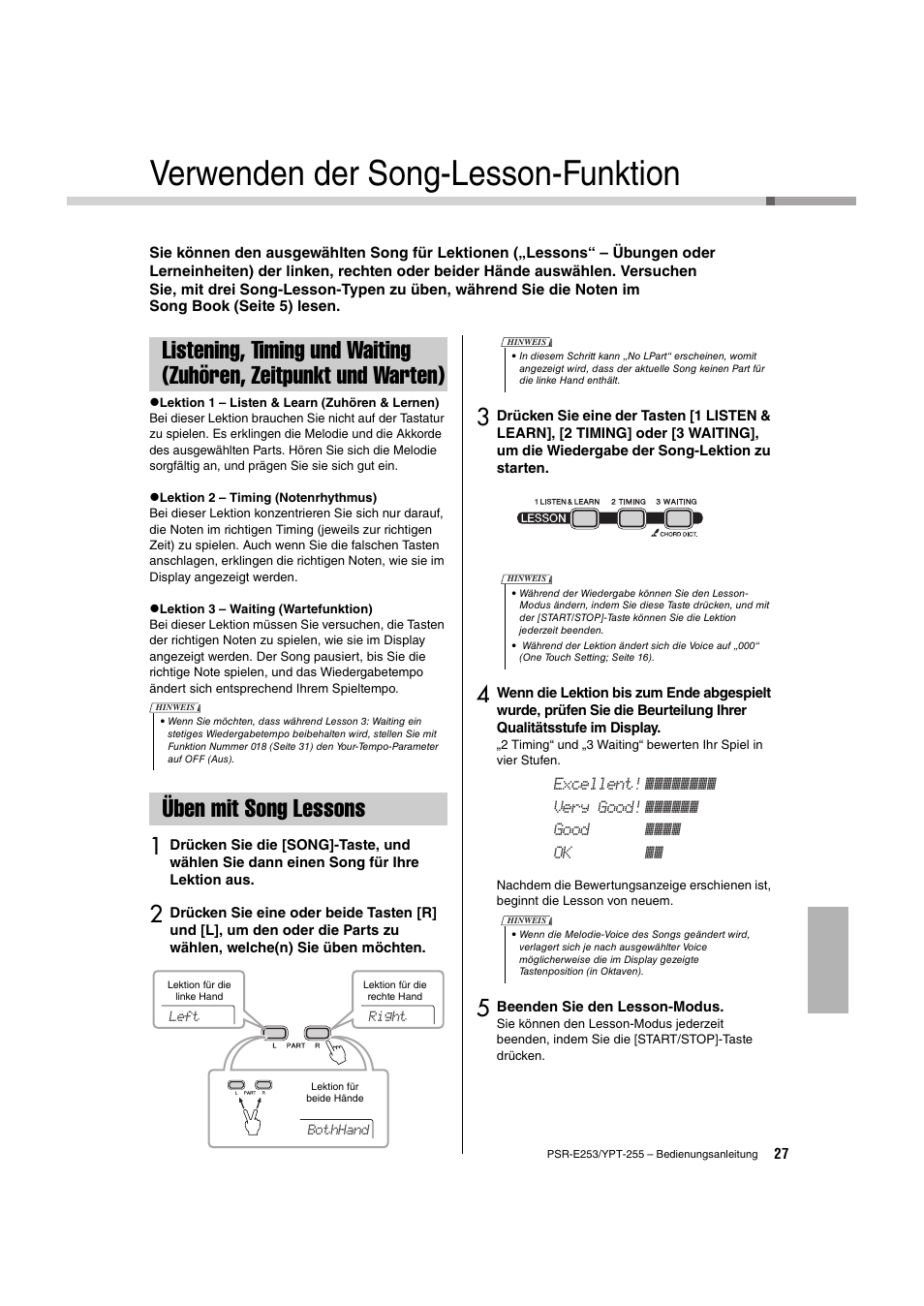 Verwenden der song-lesson-funktion, Üben mit song lessons, Listening, timing und waiting | Zuhören, zeitpunkt und warten), Seite 27, Seite 27) v | Yamaha PSR-E253 User Manual | Page 27 / 48