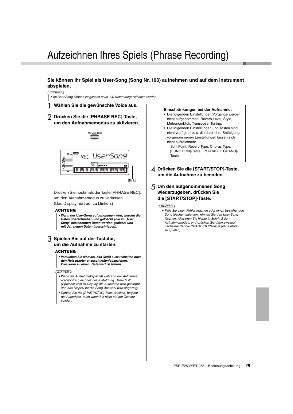 Aufzeichnen ihres spiels (phrase recording), Aufzeichnen ihres spiels, Seite 29 | Usersong | Yamaha PSR-E253 User Manual | Page 29 / 48