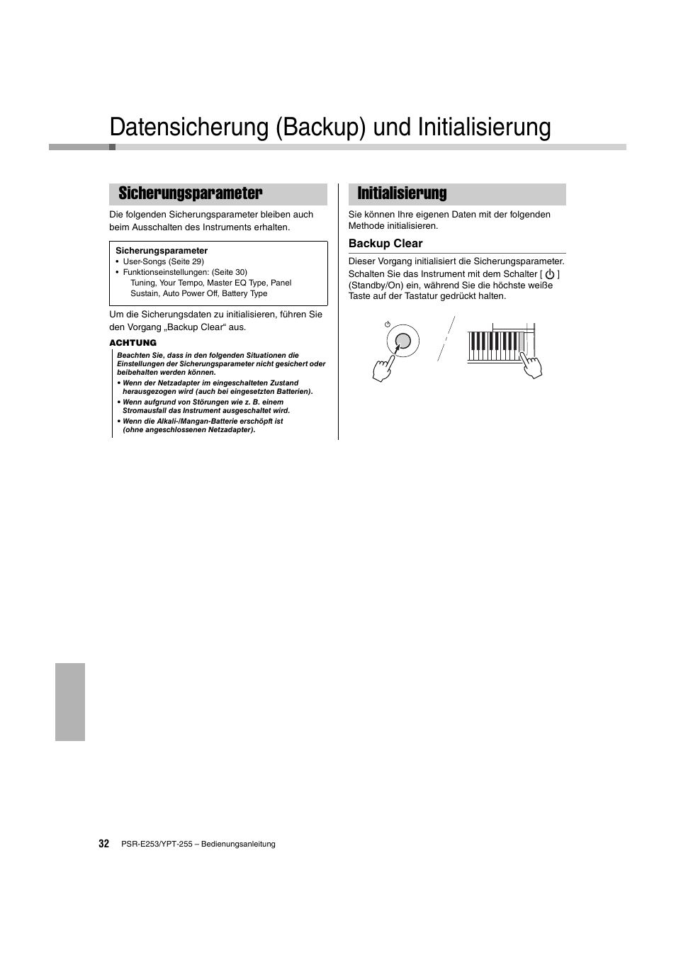 Datensicherung (backup) und initialisierung, Sicherungsparameter, Initialisierung | Datensicherung (backup) und, Sicherungsparameter initialisierung, E seite 32 | Yamaha PSR-E253 User Manual | Page 32 / 48