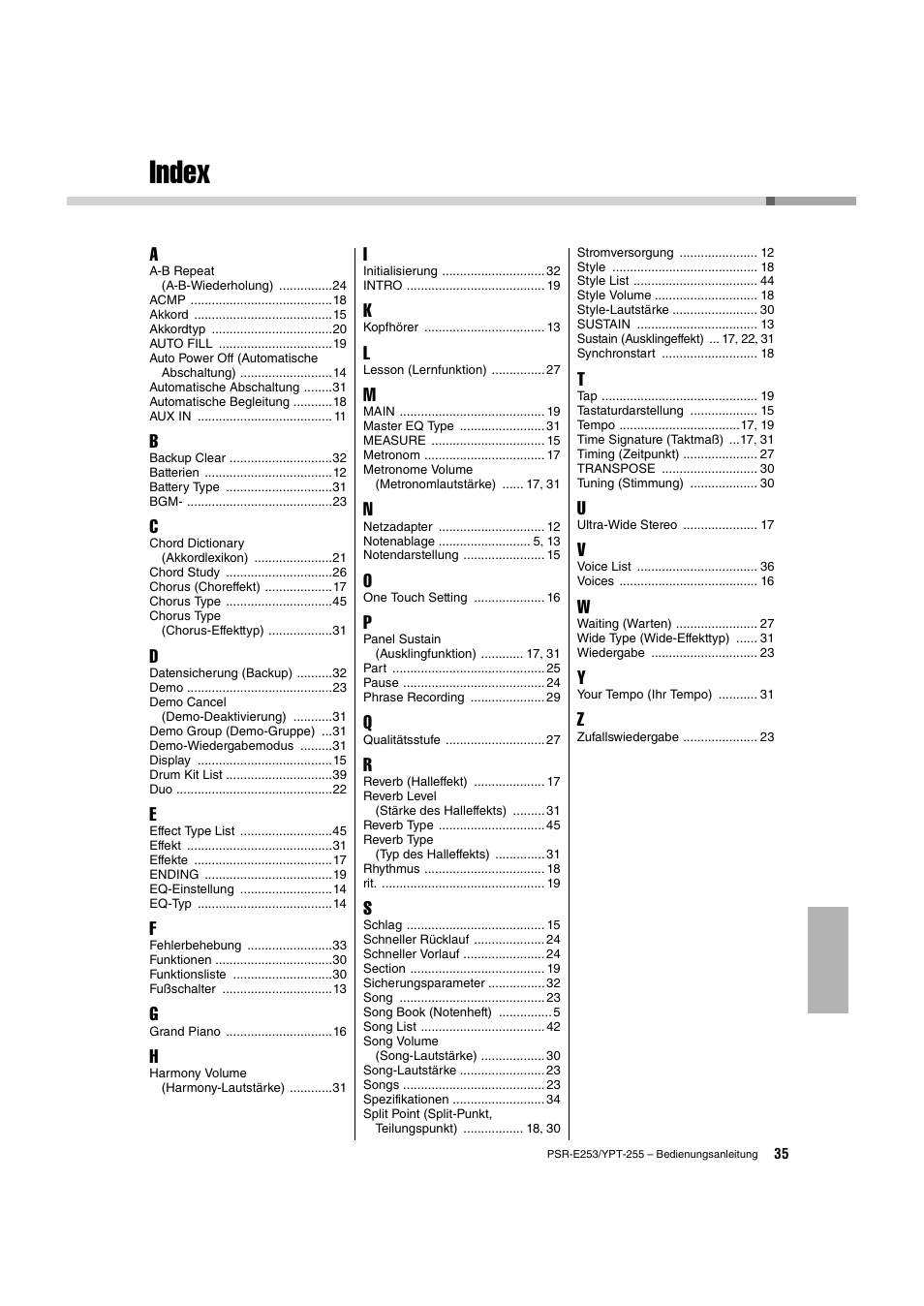 Index | Yamaha PSR-E253 User Manual | Page 35 / 48