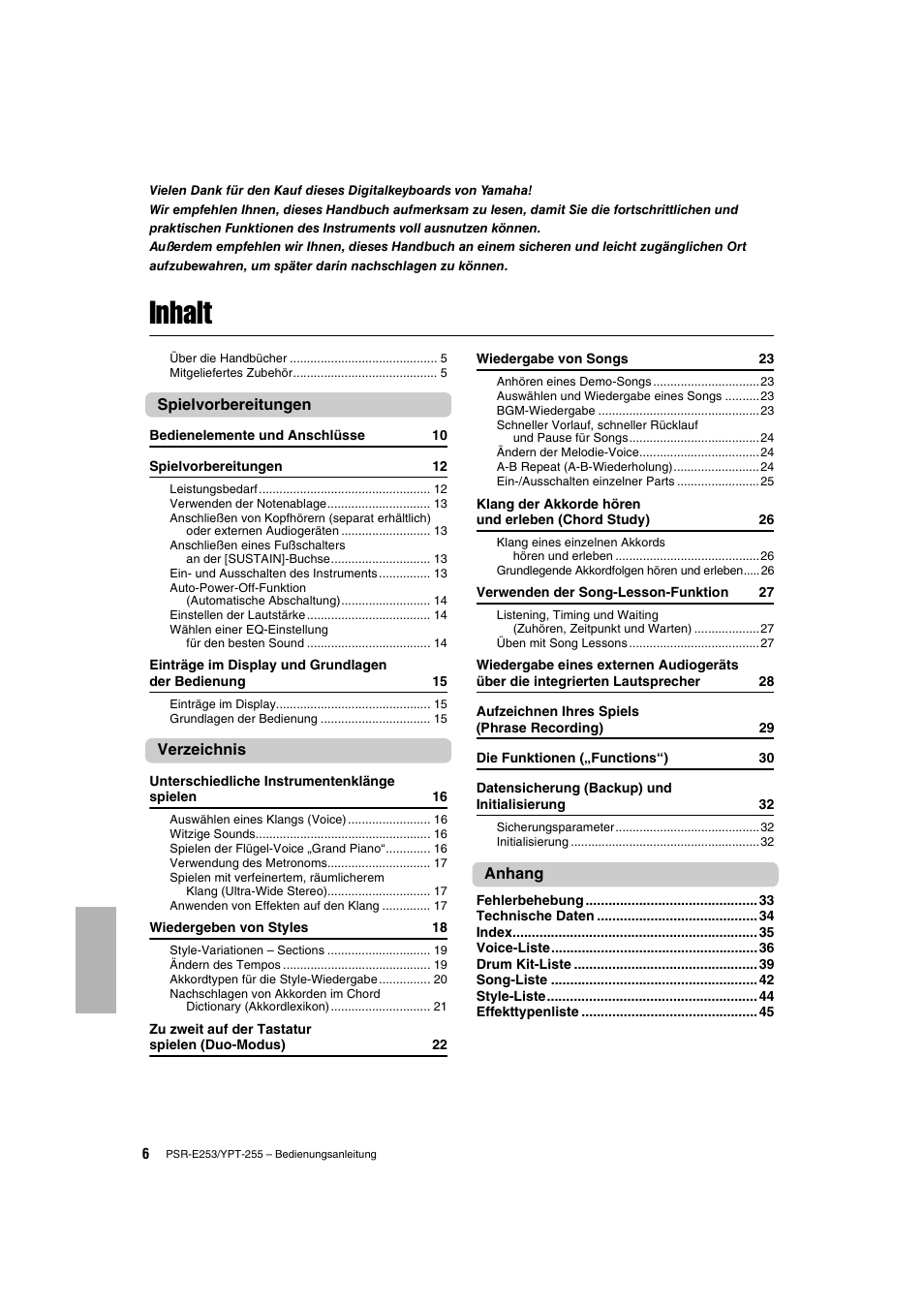 Inhalt | Yamaha PSR-E253 User Manual | Page 6 / 48