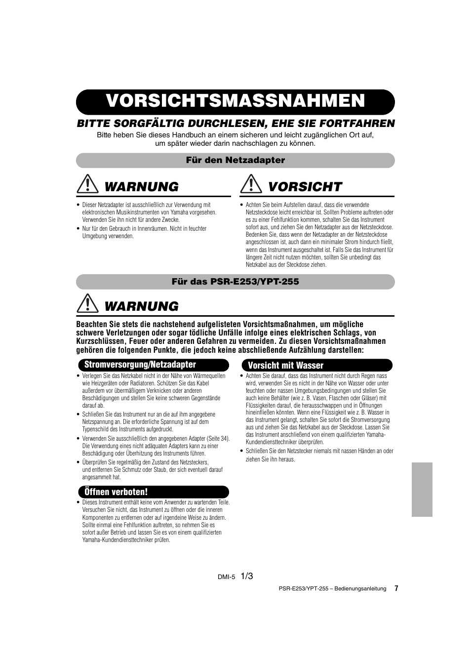 Vorsichtsmassnahmen, Warnung, Vorsicht | Bitte sorgfältig durchlesen, ehe sie fortfahren | Yamaha PSR-E253 User Manual | Page 7 / 48