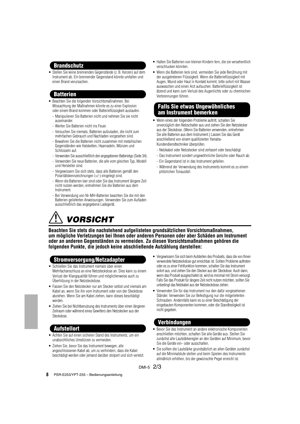 Vorsicht | Yamaha PSR-E253 User Manual | Page 8 / 48