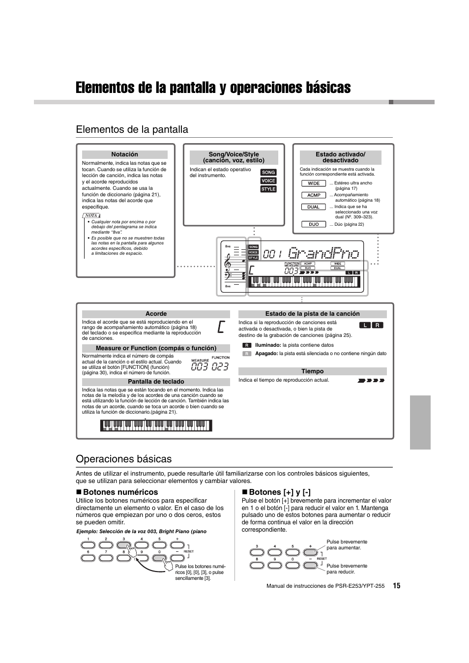 Elementos de la pantalla y operaciones básicas, Elementos de la pantalla, Operaciones básicas | Elementos de la pantalla operaciones básicas, Grandpno, Botones numéricos, Botones [+] y | Yamaha PSR-E253 User Manual | Page 15 / 48